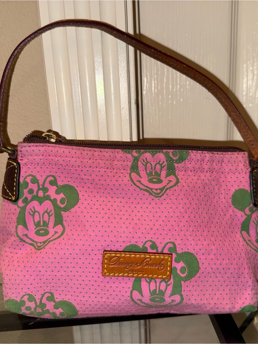 Disney Pink and Green Minnie Canvas Wristlet with Brown Strap